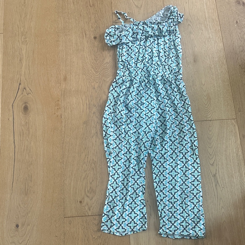 Nautical Off-Shoulder Patterned Jumpsuit 8/10 floral paisley blue teal